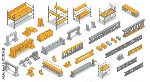 Construction equipment and structures in isometric style for modern architecture projects
