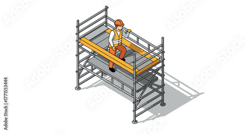 Construction worker on scaffolding in isometric style