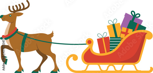 A cartoon reindeer pulling a red and gold sleigh filled with christmas gifts