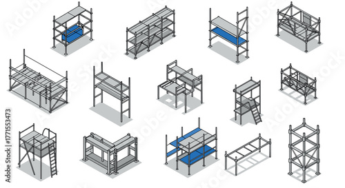 Isometric scaffolding collection: modern construction structures and platforms