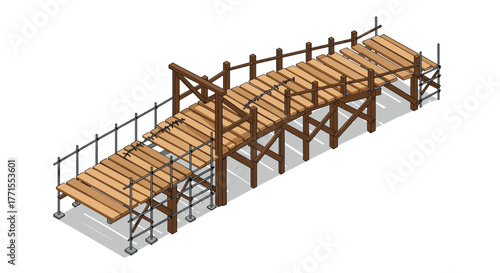 Isometric wooden bridge on scaffolding structure with shadow effect