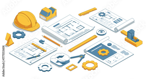 Isometric engineering blueprint and construction tools