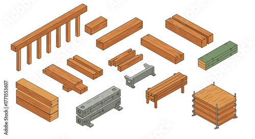 Isometric wooden construction materials: beams, planks, and scaffolding elements