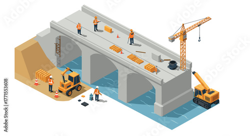 Isometric bridge construction scene with workers and equipment
