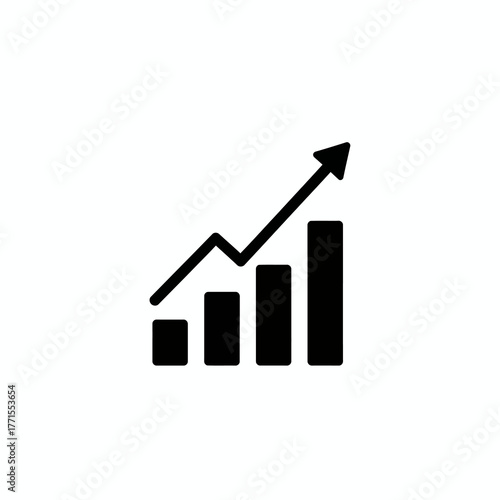 Minimalist black vector icon of business growth chart with arrow up, flat design, no shadow, white background
