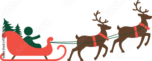 Illustration of santa in a sleigh pulled by two reindeer with trees nearby
