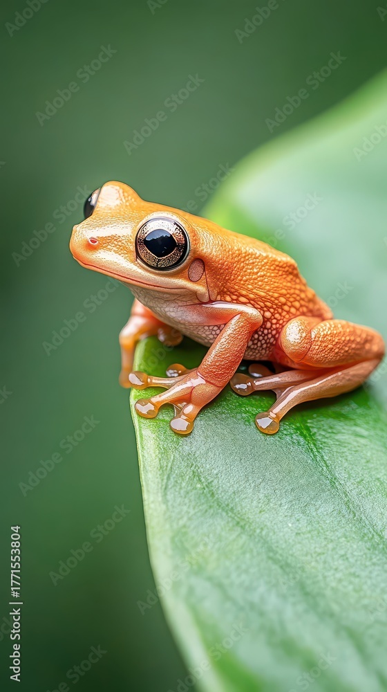 Obraz premium Orange tree frog sits on a green leaf, displaying its large eyes and textured skin in a lush natural environment.