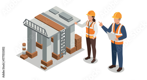 Isometric construction scene with engineers and building structure