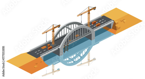 Isometric bridge construction with cranes over water reflection