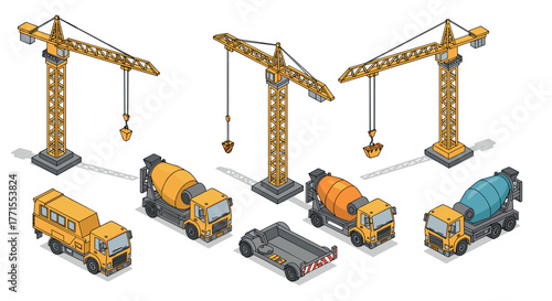 Construction equipment collection with cranes and cement mixers in isometric style