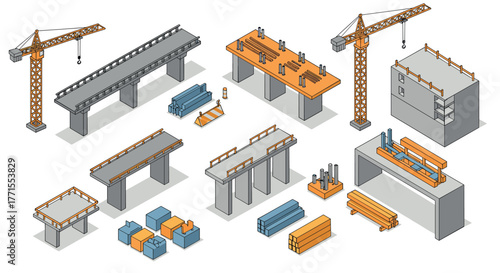 Isometric construction set with cranes and bridges
