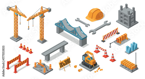 Isometric construction site icons set featuring cranes, barriers, and tools