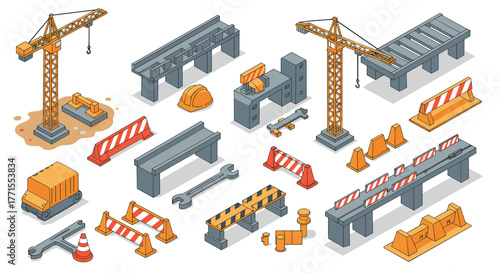 Isometric construction elements set with cranes, barriers, and tools on white background