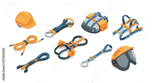 Essential safety equipment isometric icons: helmet, harness, goggles, rope