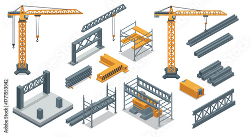 Isometric construction equipment set with cranes, scaffolding, and steel beams
