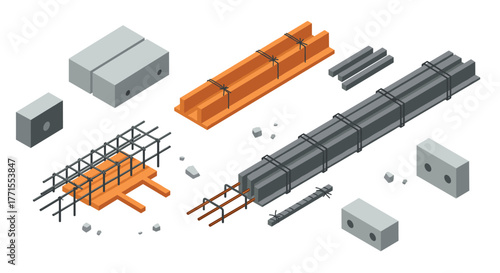 Isometric concrete construction elements with reinforced steel beams and blocks