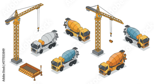 Isometric construction site with cranes and concrete mixer trucks