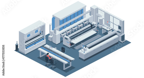 Modern isometric factory interior with automated machinery and workstations