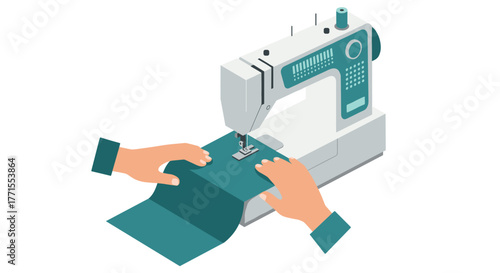 Modern sewing machine with hands operating on fabric in isometric design