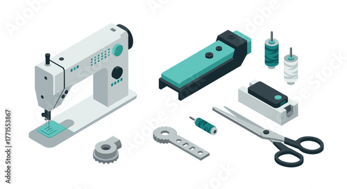 Isometric sewing machine and tools set for creative projects