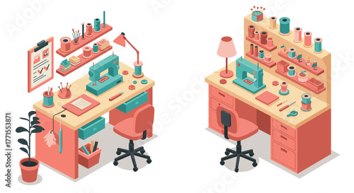 Cozy sewing workspace with sewing machines and craft supplies in isometric style