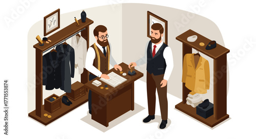 Tailor shop scene with vintage clothing and stylish accessories in isometric style