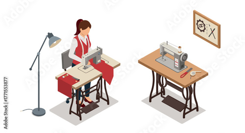 Creative workshop scene with sewing machines and seamstress in isometric design