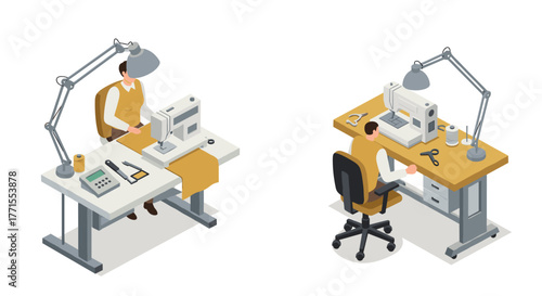 Isometric sewing studio setup with worker and equipment