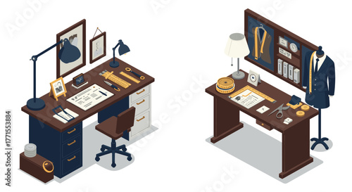 Isometric office and tailoring desk setup with modern design elements