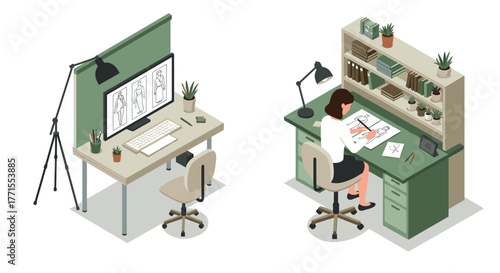 Interior design workspace with isometric setup and designer at desk