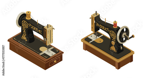 Vintage sewing machines in isometric style: classic craftsmanship and design