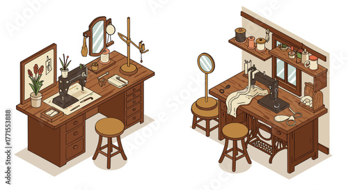 Vintage sewing room isometric design with antique furniture and sewing machines