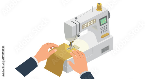 Hands operating sewing machine with fabric in isometric style