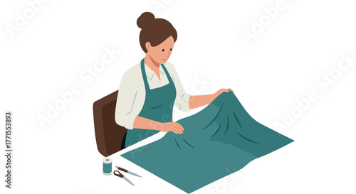 Woman seamstress sitting at table with fabric in seamless pattern making process