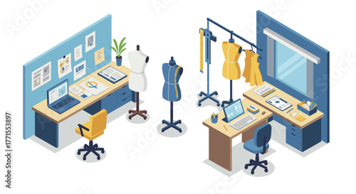 Modern fashion design workspace with sewing mannequins and office desks in isometric style