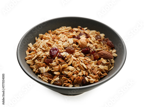 Tasty granola with nuts and raisins isolated on white