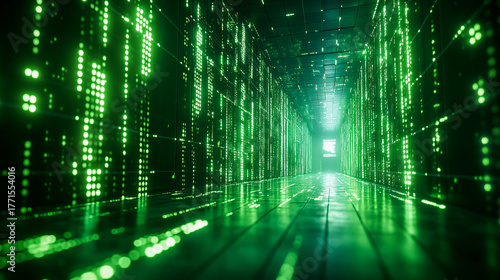 Futuristic technology background with green illuminated binary code matrix in perspective view, featuring depth of field and glowing blue tones