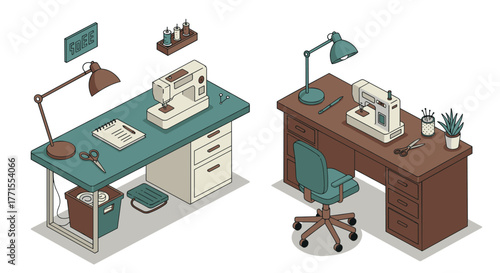 Isometric sewing room design with sewing machine and desk setup