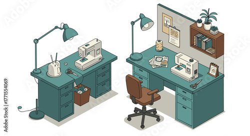 Cozy isometric home sewing room with desk and equipment in soft green tones