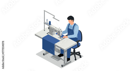 Sewing machine operator at work in isometric style
