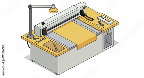 Industrial laser cutter table with tools in isometric style