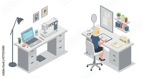 Cozy home workspaces with sewing machine and digital drawing setup in isometric style
