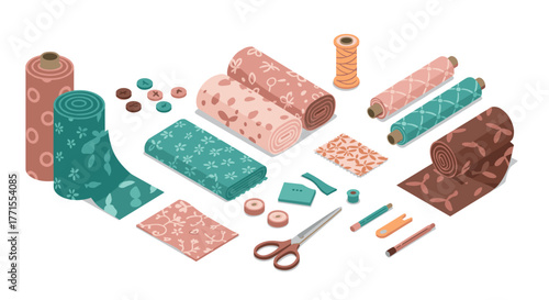 Isometric fabric rolls and sewing tools set on white background