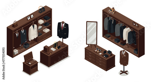Luxury men's fashion boutique interior with suits and accessories in isometric design