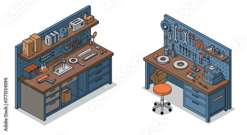 Isometric workshop bench with tools and supplies for repair and crafting projects