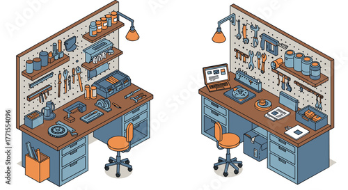 Isometric workshop desks with tools and equipment in a modern design
