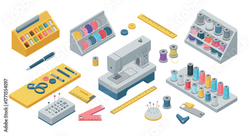 Isometric sewing tools and accessories collection for crafting projects