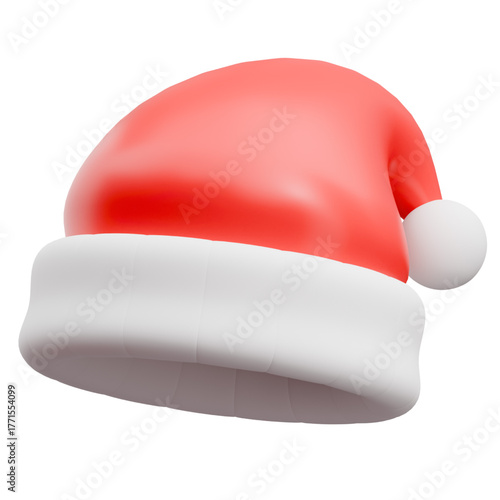 A cheerful 3D rendered red and white festive winter hat with a soft brim and fluffy pom-pom, embodying seasonal joy and celebration