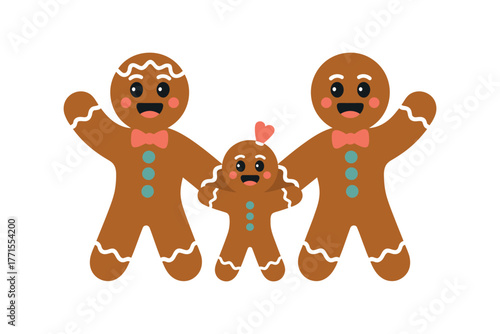 Illustration of a gingerbread family with two parents and one child on white