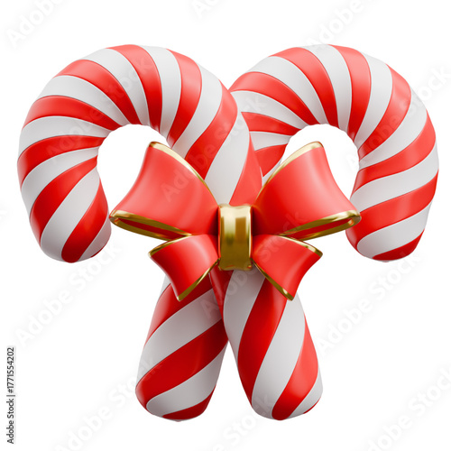 A festive 3D illustration of two traditional Christmas candy canes crossed and tied with a shiny red ribbon bow, a classic holiday sweet treat